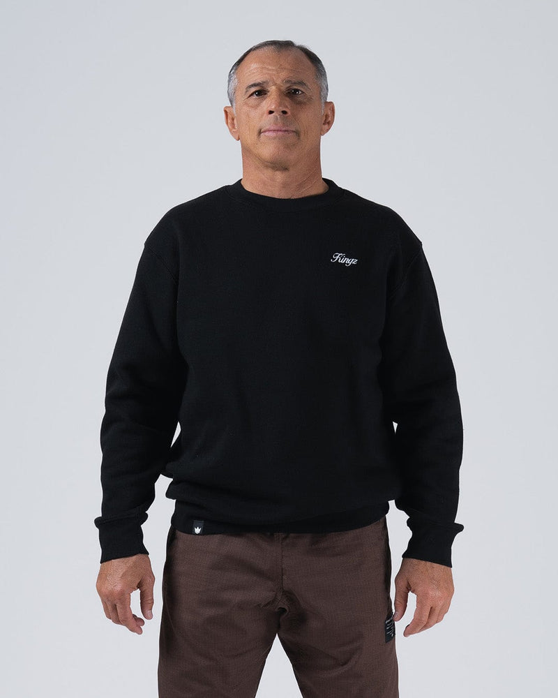 Kingz Script Crewneck - Front View - Worn Kingz Script Chest Logo - Black - Men's BJJ Streetwear