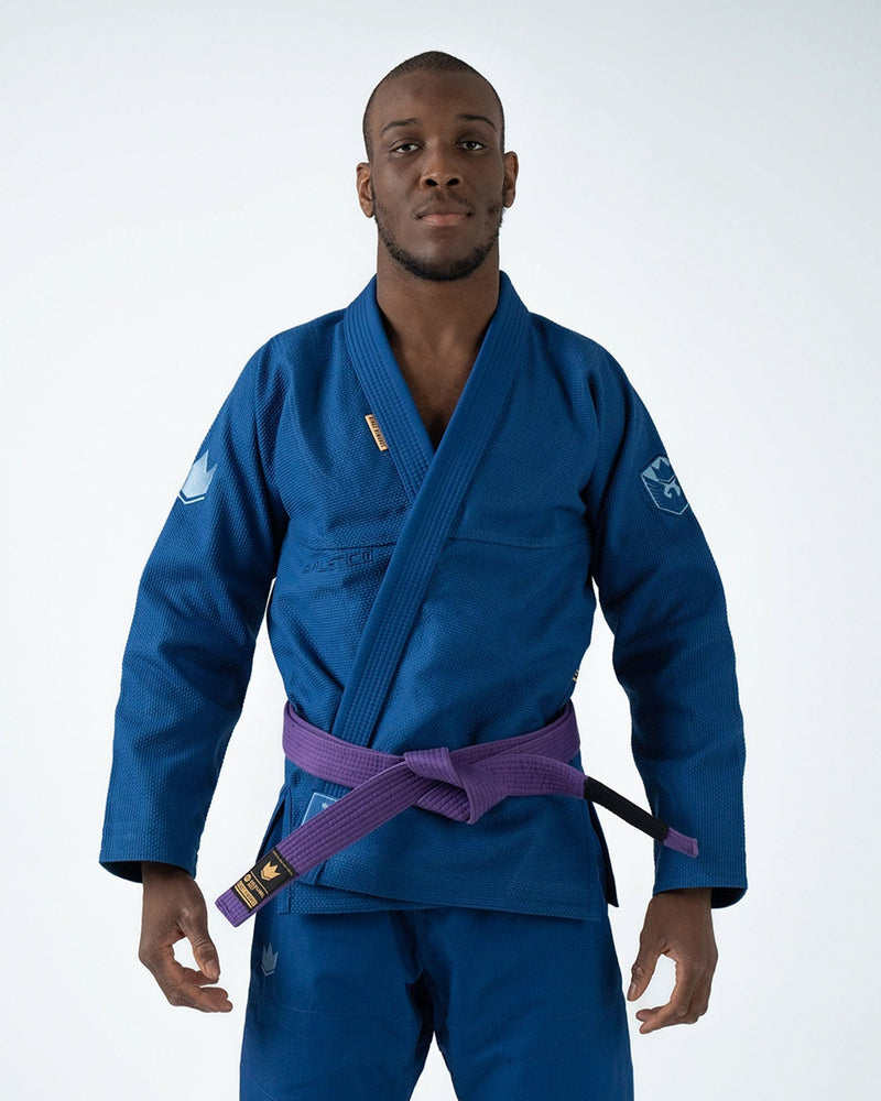 Kingz Balistico 4.0 BJJ Gi Blue 2023 version front view showing purple belt and Balistico chest embroidery