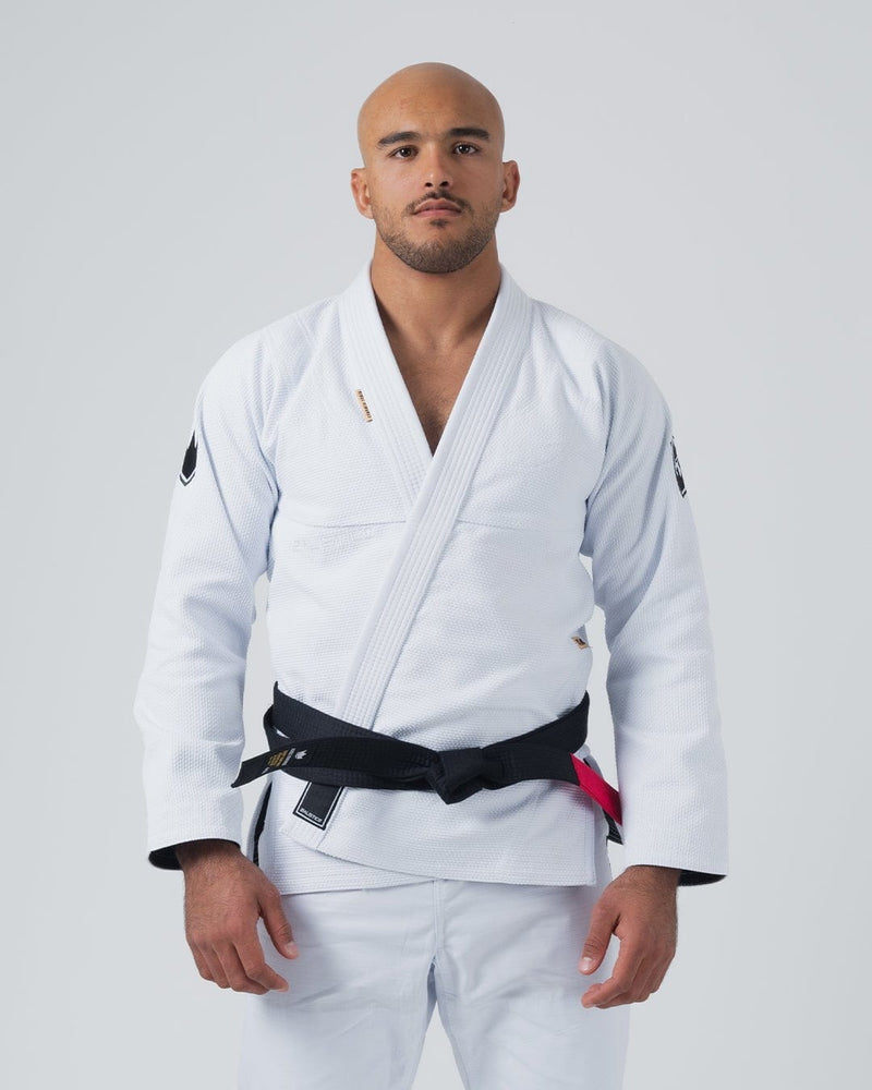 Kingz Balistico 4.0 BJJ Gi White 2023 version front view showing black belt and black crown shoulder patches