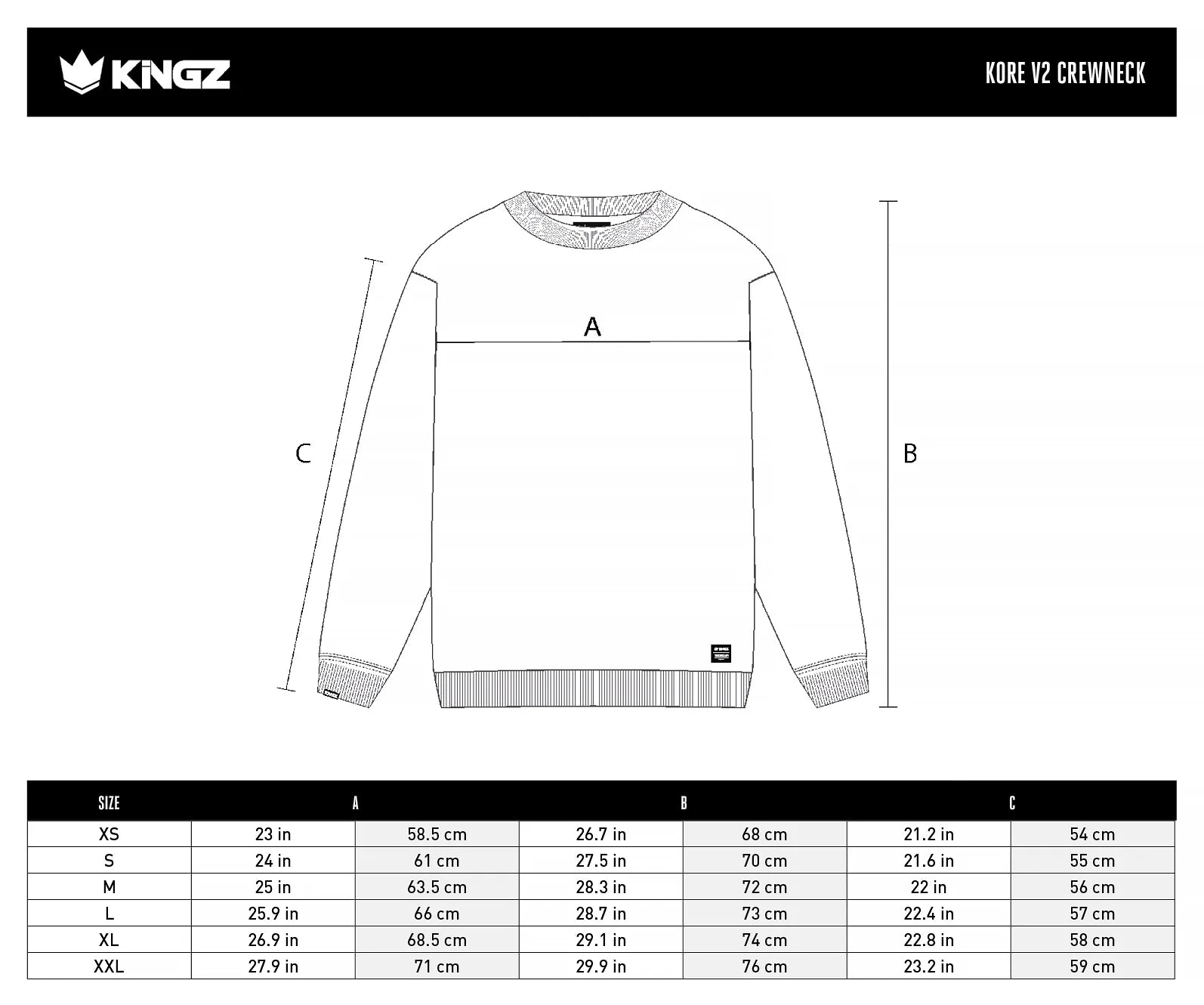 Kingz Kore V2 Men's Crewneck size chart
