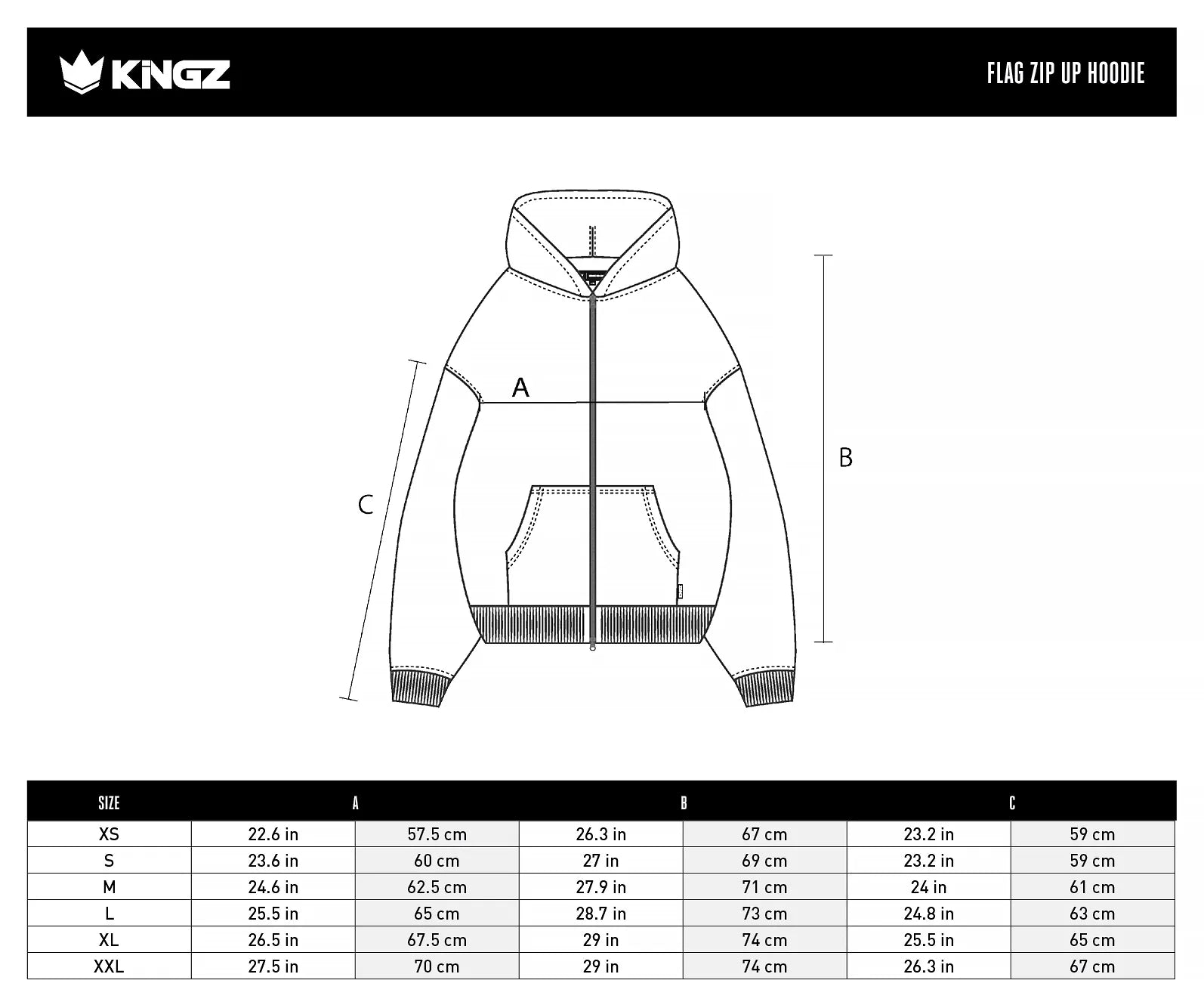 Kingz Flag Men's Zip Up Hoodie size chart