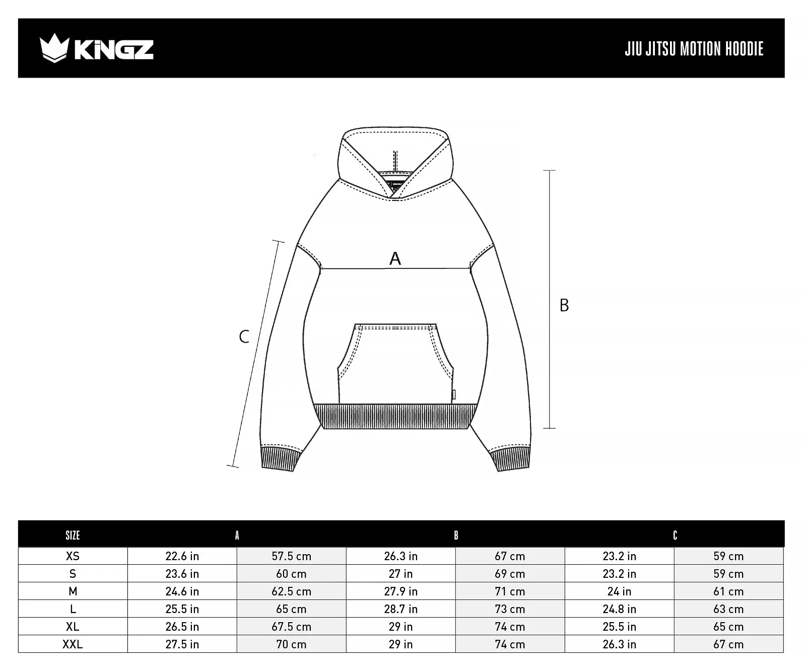 Kingz Jiu Jitsu Motion Men's Hoodie size chart