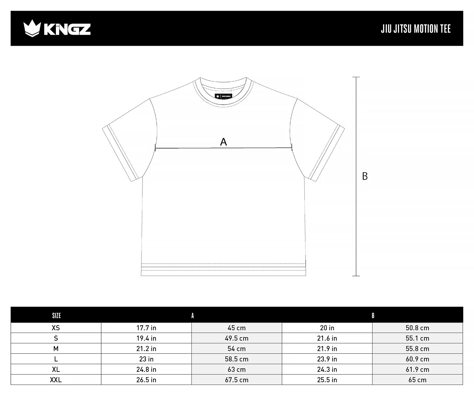 Kingz Jiu Jitsu Motion Men's Tee size chart