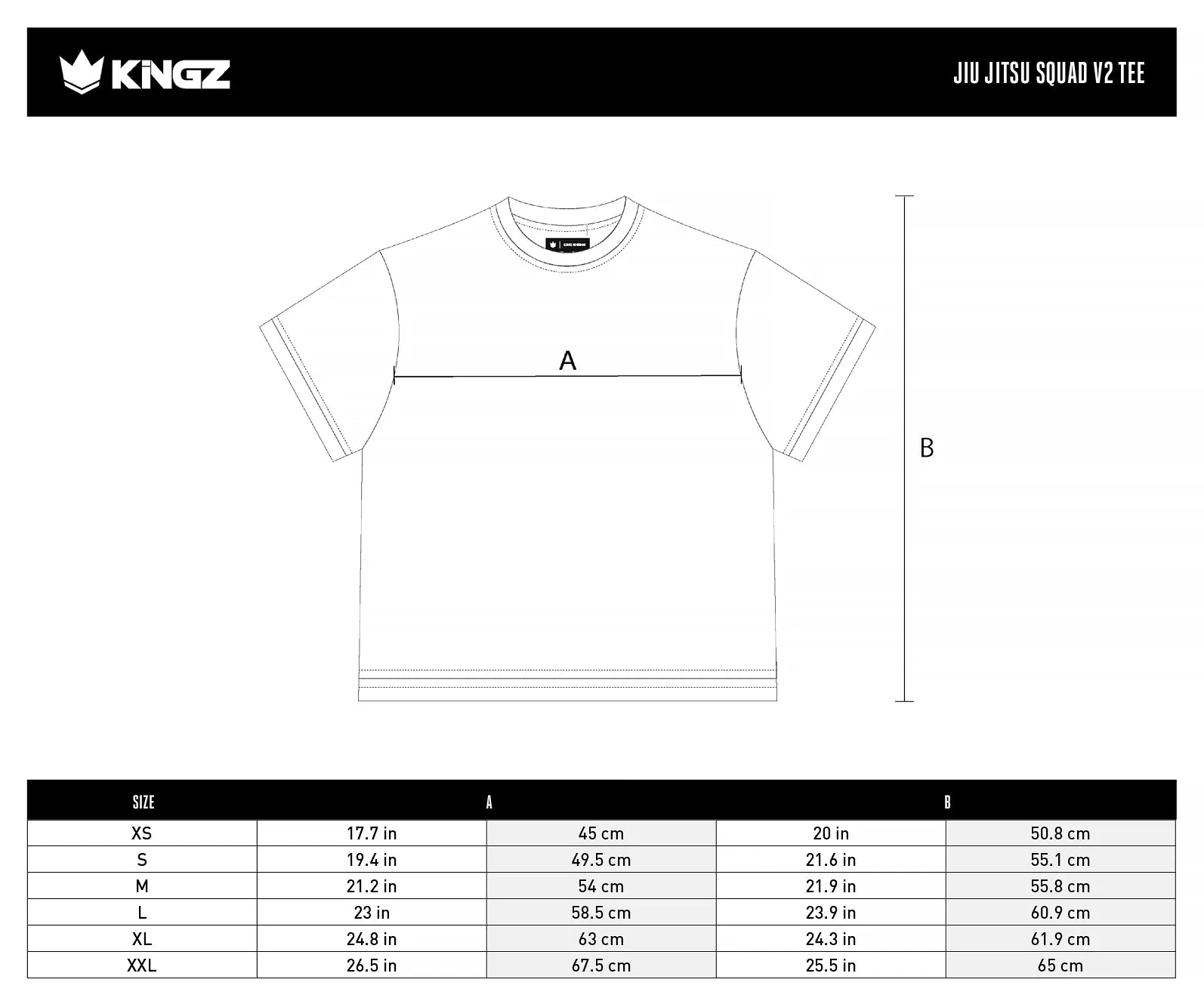 Kingz Jiu Jitsu Squad V2 Men's Tee size chart