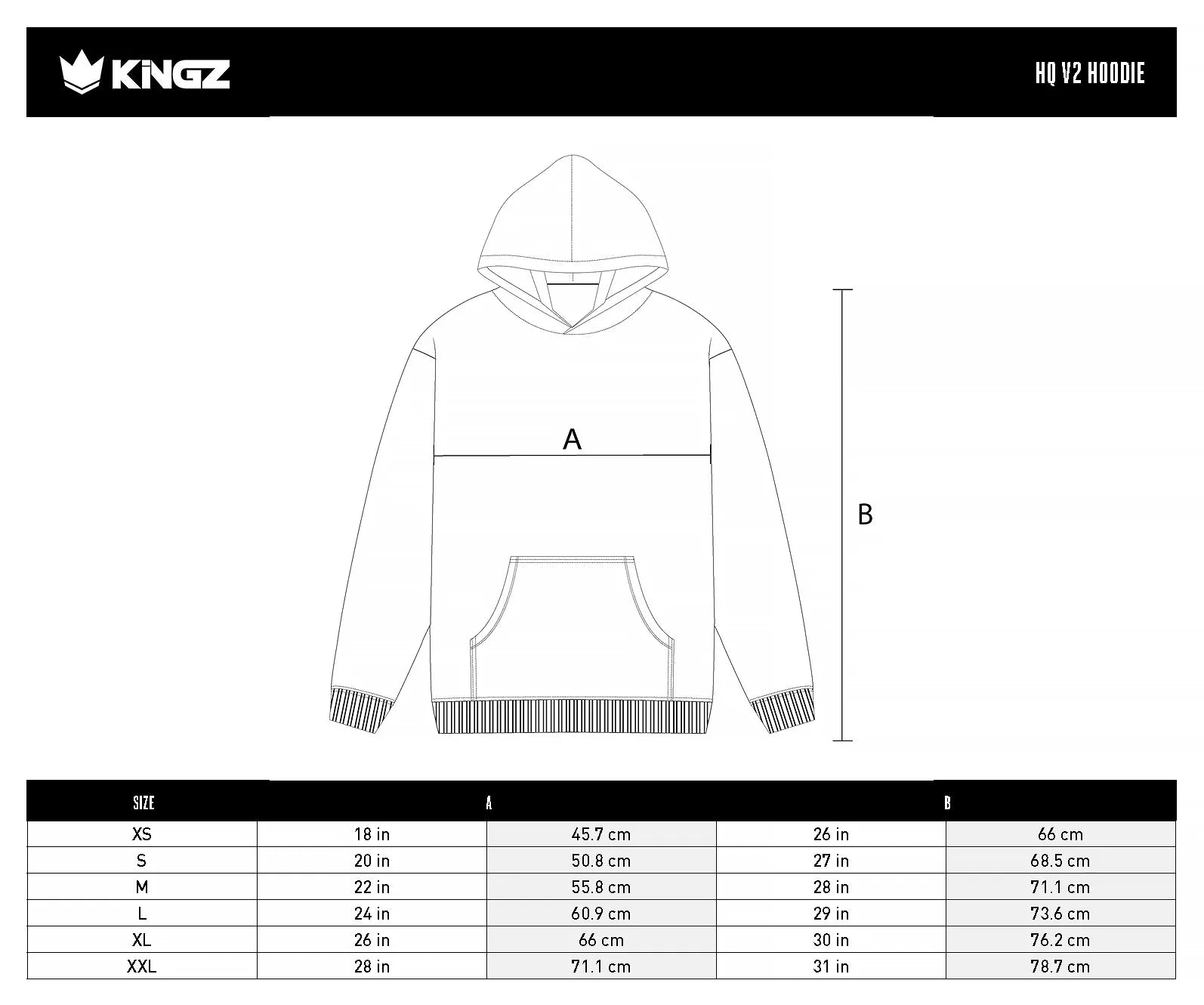 Kingz HQ V2 Men's Hoodie size chart