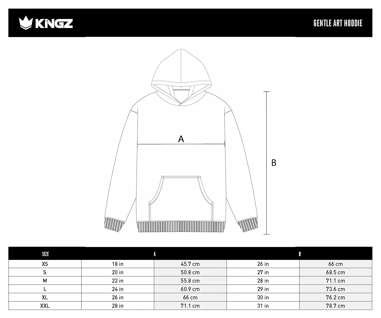 Kingz Gentle Art Men's Hoodie size chart