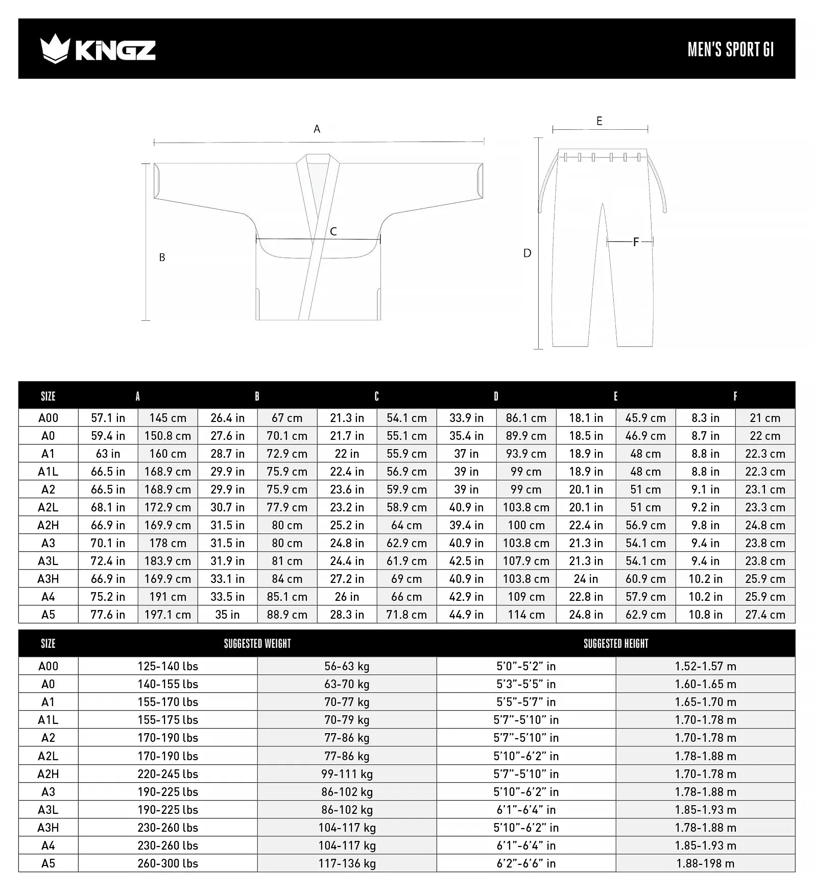 Kingz Sport 2.0 Heren BJJ Gi - Zwart size chart