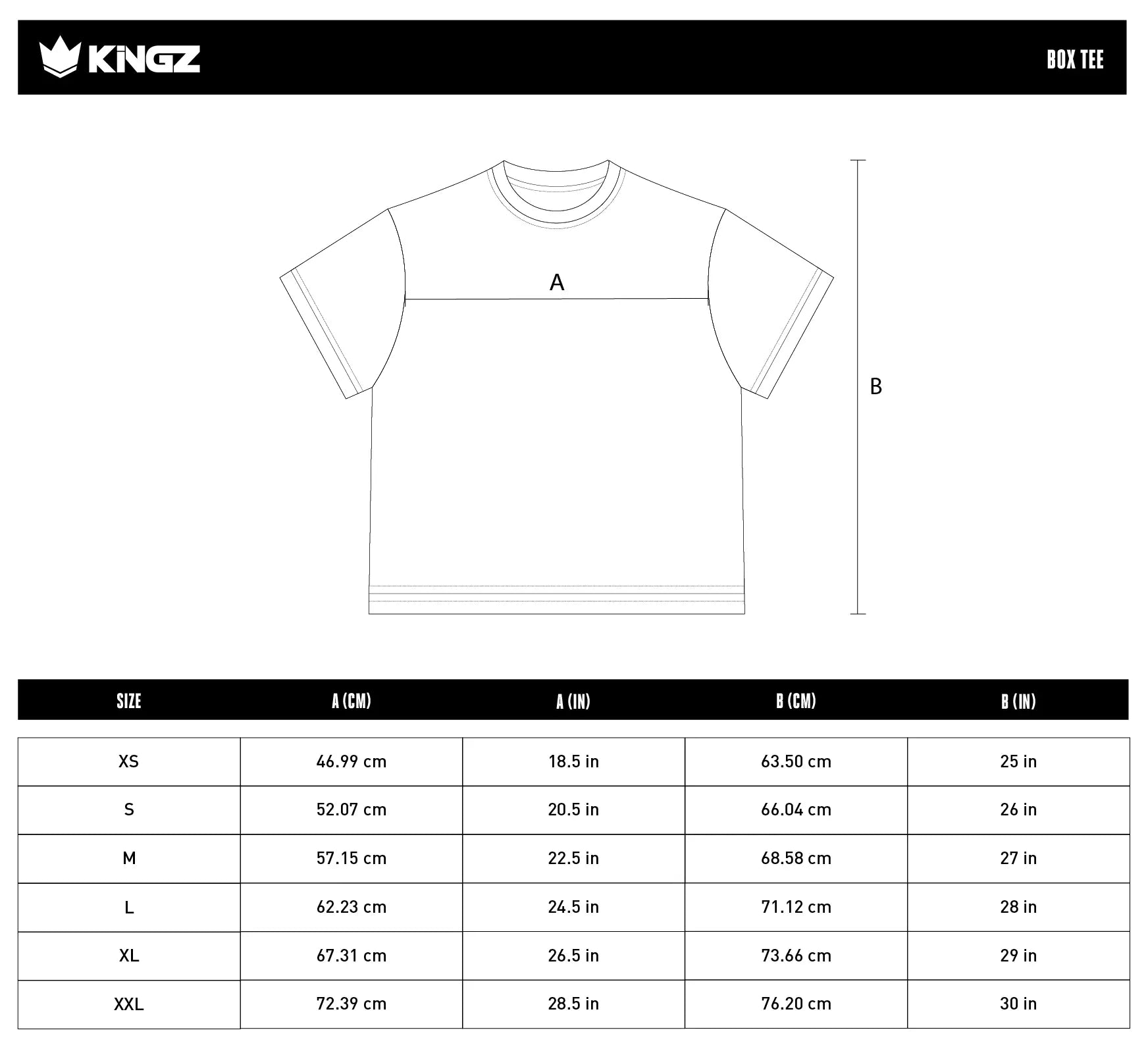 Kingz Box Men's Tee size chart