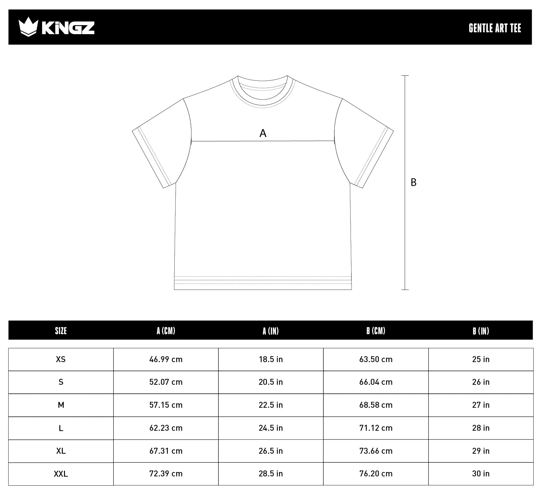 Kingz Gentle Art Men's Tee size chart