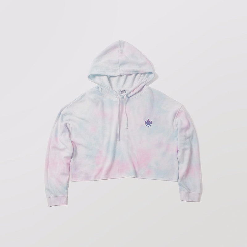 Kingz Empowered Crop Hoodie Pastel Tie-Dye - Flat Lay Product Only View Soft Pastel Blue Pink Tie-Dye Pattern Purple Crown Badge Left Chest Relaxed Fit Streetwear Hoodie