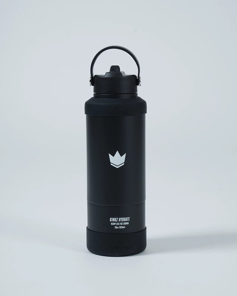 Kingz Hydrate Bottle Black - Front View Black Bottle White Crown Logo KINGZ HYDRATE Text Durable Handle Sleek Design Accessories Training BJJ MMA [color:Black]