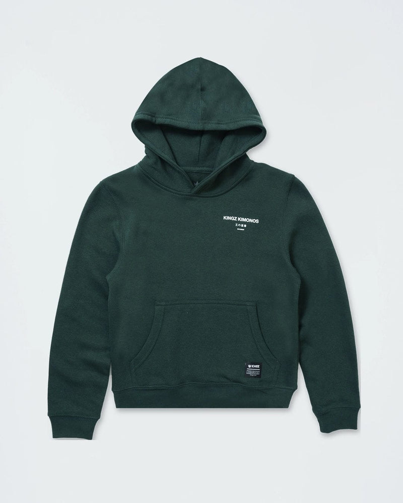 Kingz HQ V2 Youth Hoodie Dark Forest Green - Flat Lay Product Only Front Kangaroo Pocket KINGZ KIMONOS Text Left Chest Woven Label Hem Cozy Streetwear [color:Dark Forest Green]