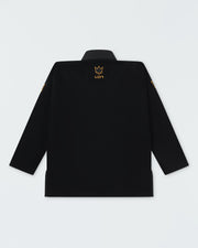 Kingz Legends Never Die Respect Youth Gi in Black – back view: black gi embroidered gold crown logo upper back gold crown badge sleeves martial arts