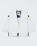 Kingz Legends Never Die Respect Women's Gi in White – flat lay: white gi black crown badge collar patch gold crown shoulder patches