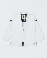 Kingz Legends Never Die Respect Women's Gi in White – flat lay: white gi black crown badge collar patch gold crown shoulder patches