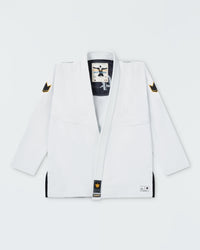 Kingz Legends Never Die Respect Women's Gi in White – flat lay: white gi black crown badge collar patch gold crown shoulder patches