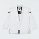 Kingz Legends Never Die Respect Youth Gi in White – flat lay: white gi black crown badge collar patch embroidered shoulder logos contrast black panels