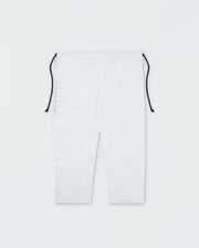 Kingz Legends Never Die Respect Women's Gi in White – flat lay: white gi pants black drawstrings subtle side stitching durable fabric