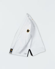 Kingz Legends Never Die Respect Women's Gi in White – side view: white gi black crown badge sleeve black trim hem Kingz logo patch bottom