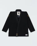Kingz Legends Never Die Respect Youth Gi in Black – flat lay: black gi gold crown shoulder patches Kingz label hem embroidered logo