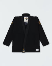 Kingz Legends Never Die Respect Youth Gi in Black – flat lay: black gi gold crown shoulder patches Kingz label hem embroidered logo