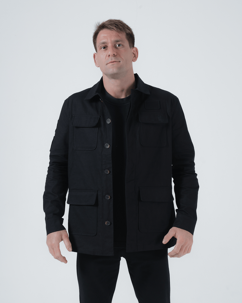 Kingz Born To Rule Canvas Jacket Military Green - Full Body Front View Male Athlete Four-Pocket Design Black Crown Badge Left Chest Classic Collar Durable Fabric Outerwear BJJ Training [color:Military Green]