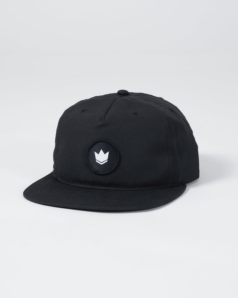 Kingz Crown Patch 5-Panel Strapback Hat Black - Angled View Black Crown Badge Front Panel Adjustable Strap Classic Fit BJJ Grappling Training Hat [color:Black]
