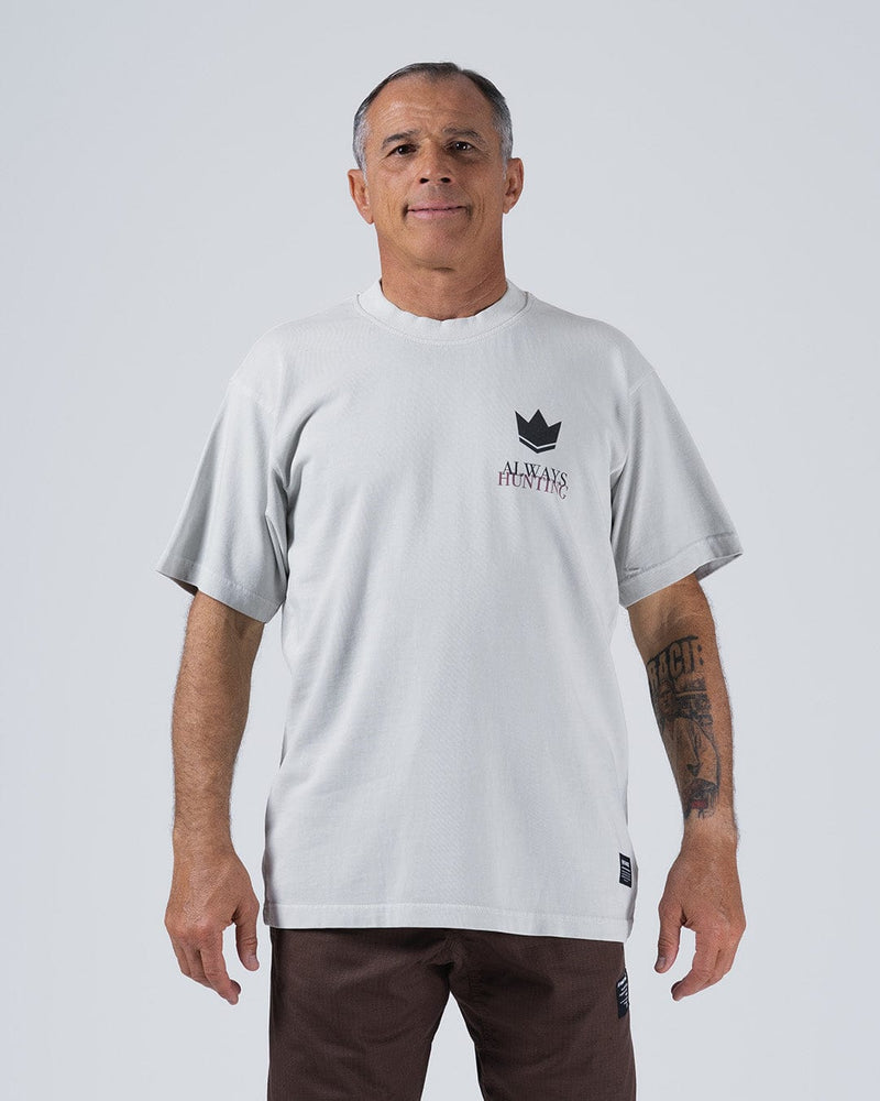 Kingz Hunting Tee - Front View - Always Hunting Crown Logo Chest Graphic Pigment Dyed - Light Gray BJJ Tee [color:Light Gray]