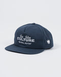 Kingz Jiu Jitsu Culture Five Panel Navy - Angled Front View Embroidered White Text "Jiu Jitsu CULTURE" "NO ROLL, NO FUN" Crown Badge Side Panel Structured Fit BJJ Training Hat [color:Navy]