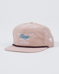 Kingz Gentle Art Club Snapback Peach - Angled View Embroidered Front Text Kingz San Diego CA EST. 2011 White Crown Side Logo Dark Trim Peach Hat Casual BJJ Apparel [color:Peach]