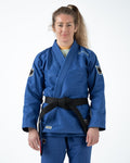 Kingz Nano 3.0 Women's BJJ Gi Blue - Upper Body Front View Female Athlete Blue Belt NANO Text KINGZ Logo 380gsm Pearl Weave