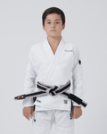 Kingz Nano 3.0 Youth BJJ Gi White - Upper Body Front View Young Athlete Gray Belt NANO Text Crown Logo 380gsm Youth Kids Size