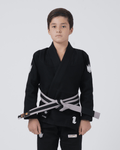 Kingz The ONE V2 Kids BJJ Gi Black - Front View Young Athlete Black Gi White Crown Logos Gray Belt Kingz Text Chest and Pants Durable Fabric BJJ Gi Training [color:Black]