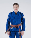 Kingz Classic 3.0 Women's BJJ Gi Blue - Upper Body Front View Female Athlete Purple Belt Crown Badge Logo 450gsm Pearl Weave Plus