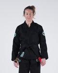 Kingz Classic 3.0 Women's BJJ Gi Black - Upper Body Front View Female Athlete Black Belt Teal Crown Logo 450gsm Pearl Weave Plus