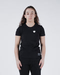 Kingz Kore Women's Tee Black - Full Body Front View Female Athlete Short Sleeve White Crown Logo Left Chest Black Tag Hem Casual Fit BJJ Training Apparel [color:Black]