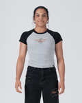 Kingz Gentle Art Club Women's Baby Tee - Worn View - Gentle Art Club Raglan Chest Graphic - Grey Women's BJJ Tee [color:Grey]