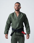 Kingz Classic 3.0 Jiu Jitsu Gi Military Green - Full Body Front View Male Athlete Woven Texture Black Belt Crown Badge Sleeve Patch Durable Construction BJJ Gi [color:Military Green]