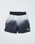 Kingz Galaxy Youth Shorts Black White - Flat Lay Product Shot Galaxy Gradient White Top to Black Bottom Speckle Pattern Gold Star Sparkles Left Side Gold Circular Crown Badge Right Side Black Waistband Kids Grappling Shorts No-Gi BJJ [color:Black/Galaxy]
