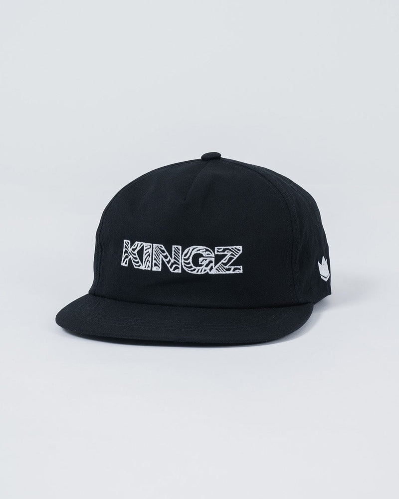 Kingz Flow Snapback Black - Angled Front View Black Hat KINGZ Text Front White Crown Badge Side Structured Fit Casual BJJ Training Apparel [color:Black]
