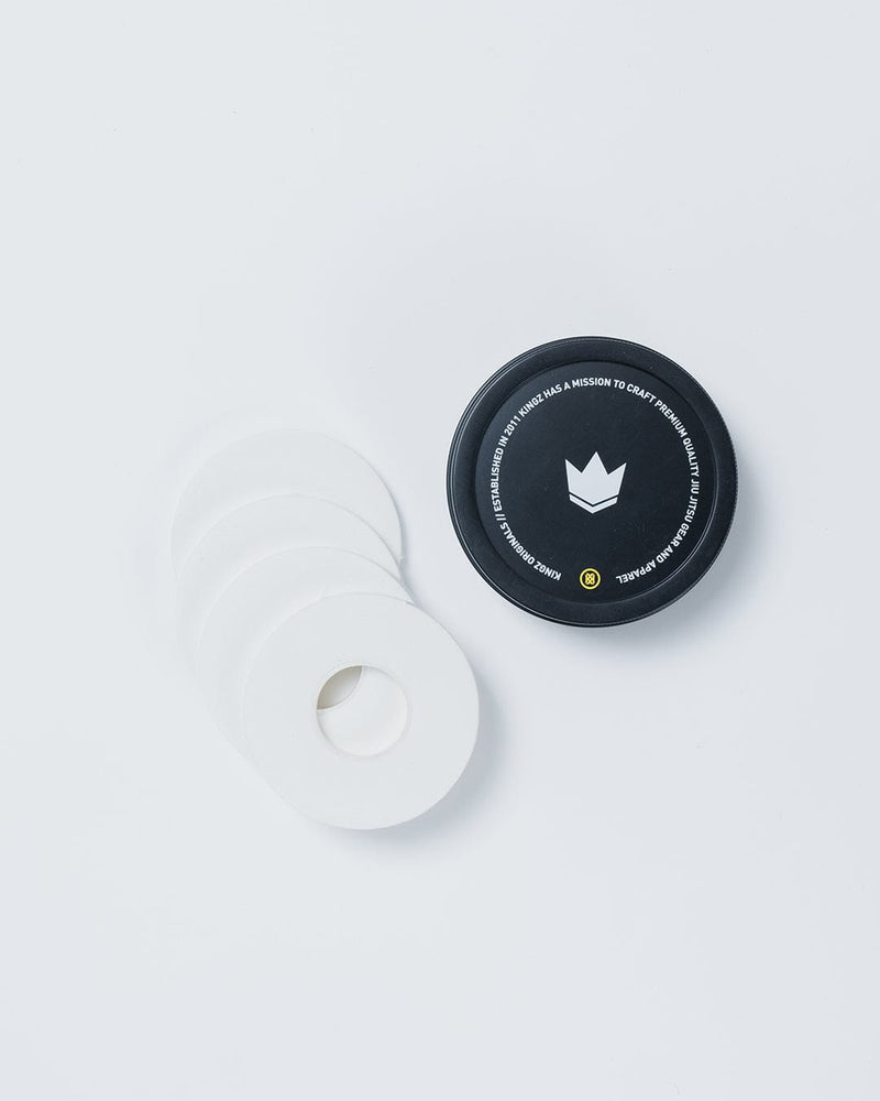 Kingz Finger Tape - White - Flat Lay Product Only White Rolls Black Lid Crown Logo Text Circular Container Athletic Tape BJJ Grappling Training [color:White]