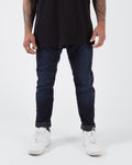 Kingz Casual Gi Pant Denim - Front View Male Athlete Dark Denim Slim Fit Contrast Stitching Elastic Waistband BJJ Gi Training Apparel [color:Denim]