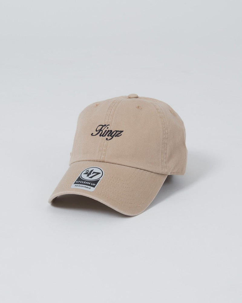 Kingz Script Dad Hat Black - Angled Front View Embroidered White Kingz Logo Center Panel Curved Brim Classic Fit Casual Style BJJ Training Apparel [color:Black]