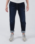 Kingz Casual Gi Pant - Denim - Full Body Front View Rolled Cuff Denim Texture White Drawstring Waist Subtle Logo Patch Right Thigh Relaxed Fit BJJ Gi Training [color:Denim]