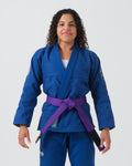 Kingz Balistico 4.0 Women's Jiu Jitsu Gi Blue - Full Body Front View Female Athlete Solid Blue Gi Purple Belt Patch Left Sleeve Embroidered Crown Logo Pants Durable Weave BJJ Training Gi [color:Blue]
