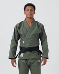 Kingz The ONE Jiu Jitsu Gi Military Green - Full Body Front View Male Athlete Military Green Kimono Black Belt Kingz Logo Patches Durable Weave Limited Edition BJJ Training Gi