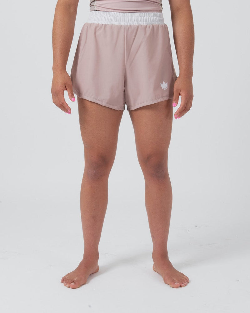 Kingz Hybrid Women's Shorts Terra Soil - Full Body Front View Female Athlete Dusty Rose Mauve Color White Elastic Waistband White Crown Logo Left Thigh Competition Cut Women's Grappling Shorts No-Gi BJJ [color:Baby Pink]