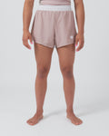 Kingz Hybrid Women's Shorts Terra Soil - Full Body Front View Female Athlete Dusty Rose Mauve Color White Elastic Waistband White Crown Logo Left Thigh Competition Cut Women's Grappling Shorts No-Gi BJJ [color:Baby Pink]