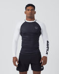 Kingz Ranked Performance V2 L/S Rashguard Navy White - Full Body Front View Male Athlete Long Sleeve Navy Blue Body White Raglan Sleeves White Crown Logo Chest KINGZ White Sleeve Text White Collar Matching Navy Shorts BJJ IBJJF [color:White]