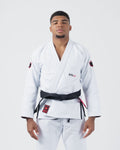 Kingz Ultralight 2.0 Jiu Jitsu Gi White - Front View Male Athlete Red Crown Shoulder Patch ULTRALIGHT Text Chest Black Belt Red KINGZ Tag Lightweight Design BJJ Kimono Training [color:White]